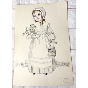 Ellen Nelson Part Done Page Art Print Pilgrim Lass 17.5"x12" Vintage Girl
